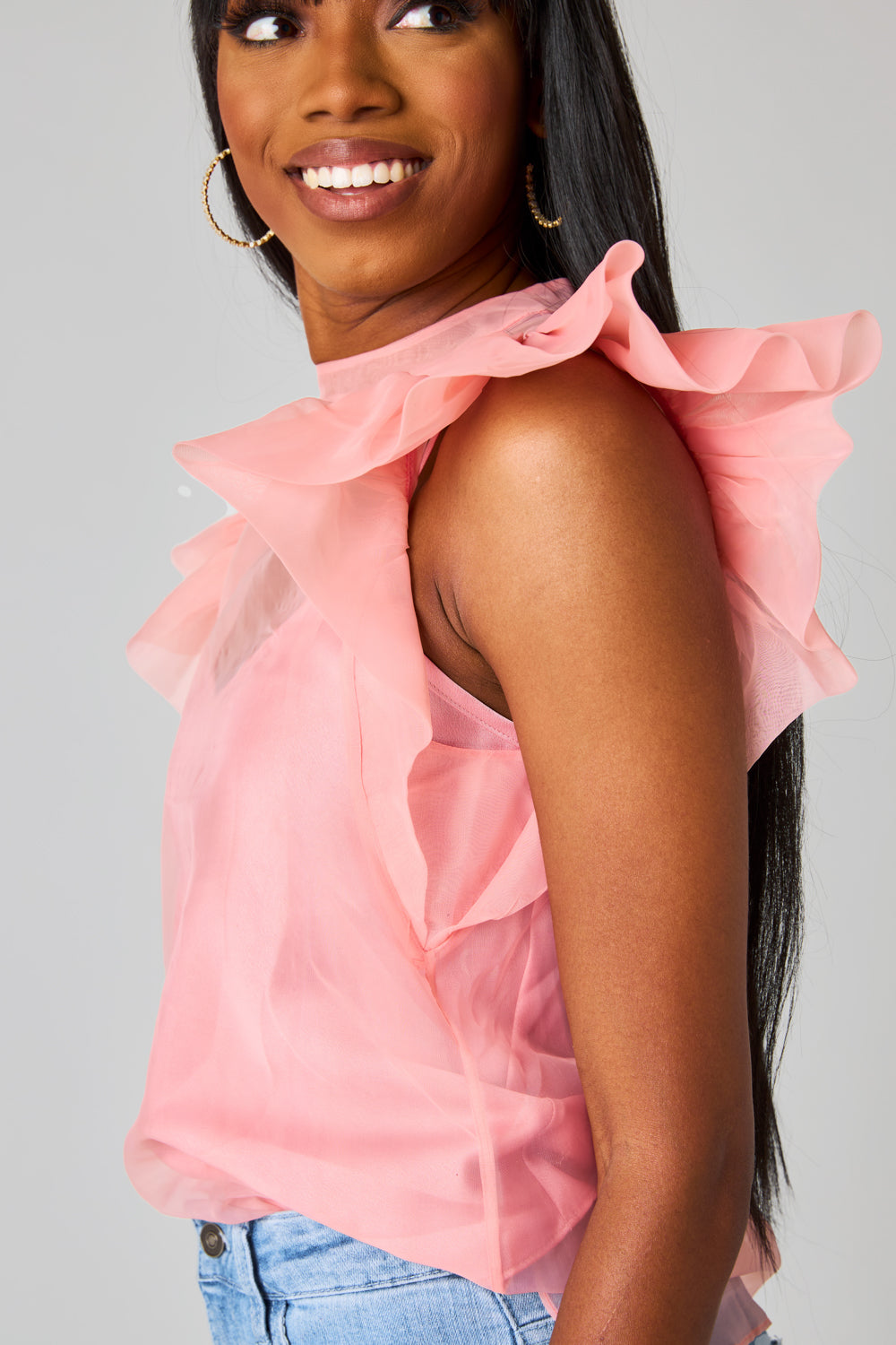 BuddyLove Kaycee Organza Ruffle Sleeve Top -  Salmon