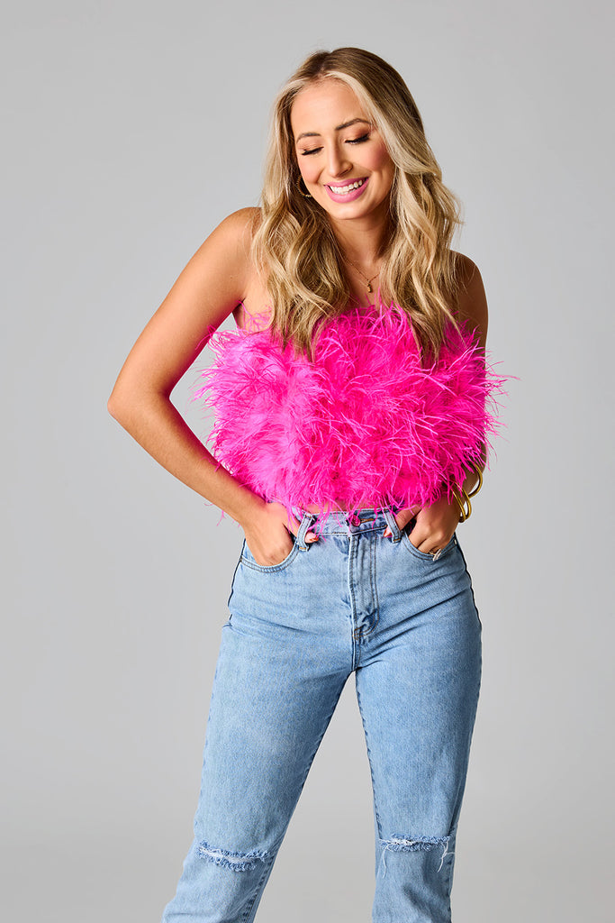 BuddyLove Fancy Strapless Feather Crop Top - Hot Pink