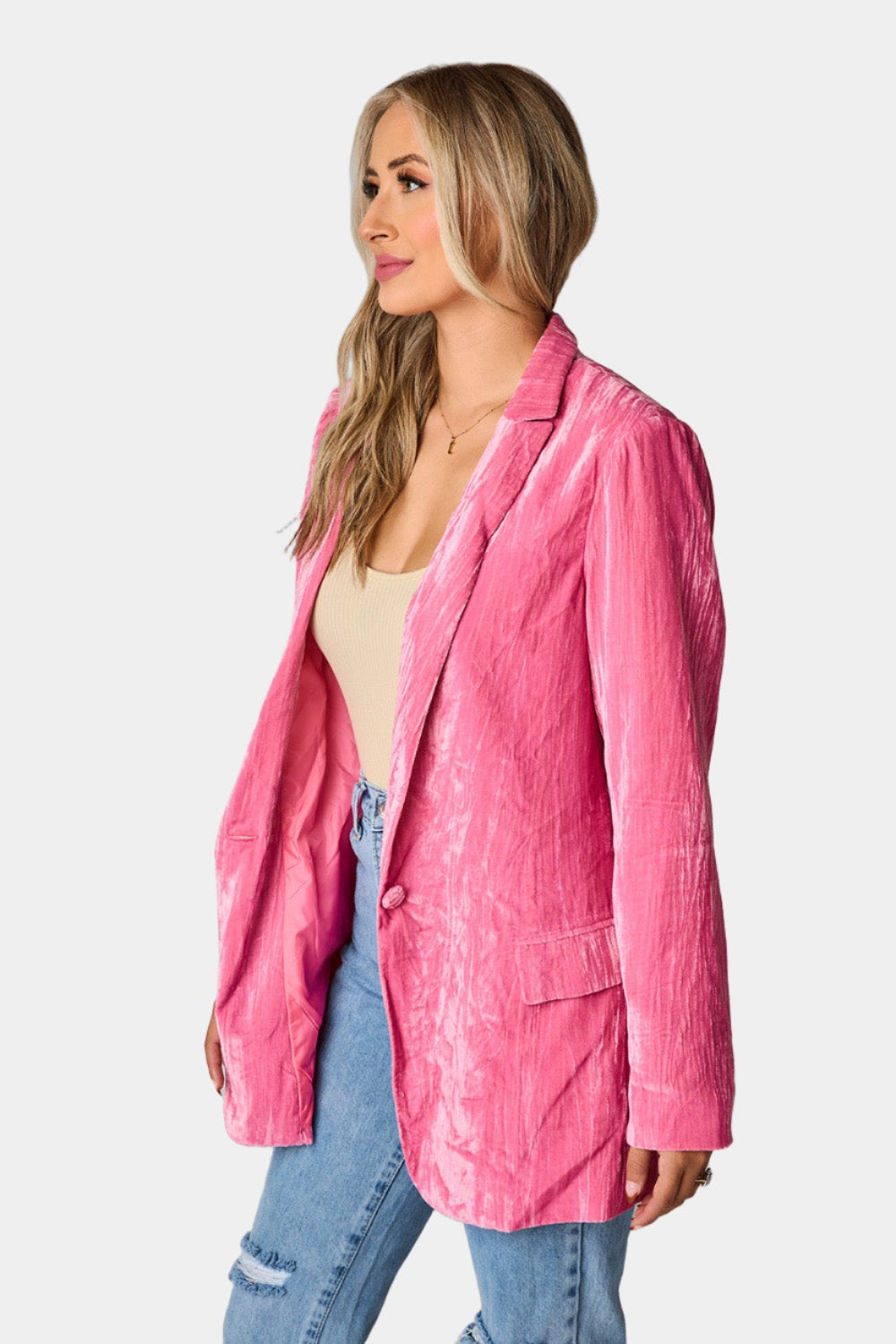 Plus Velvet Structured Blazer - Pink