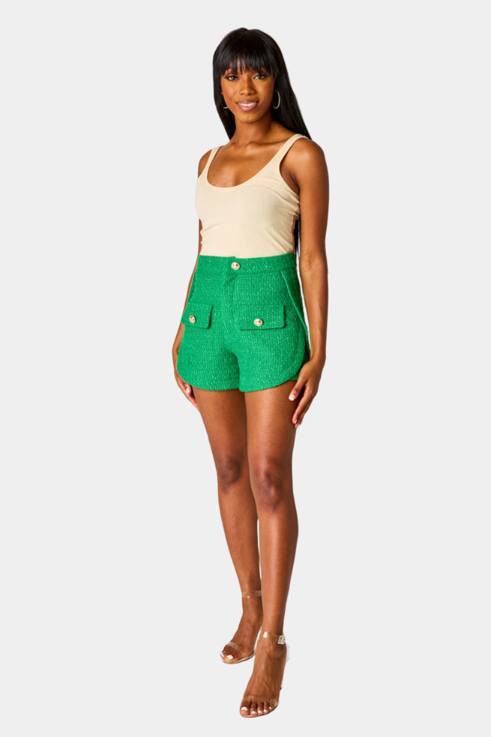 Mae Tweed High-Waisted Shorts - Green