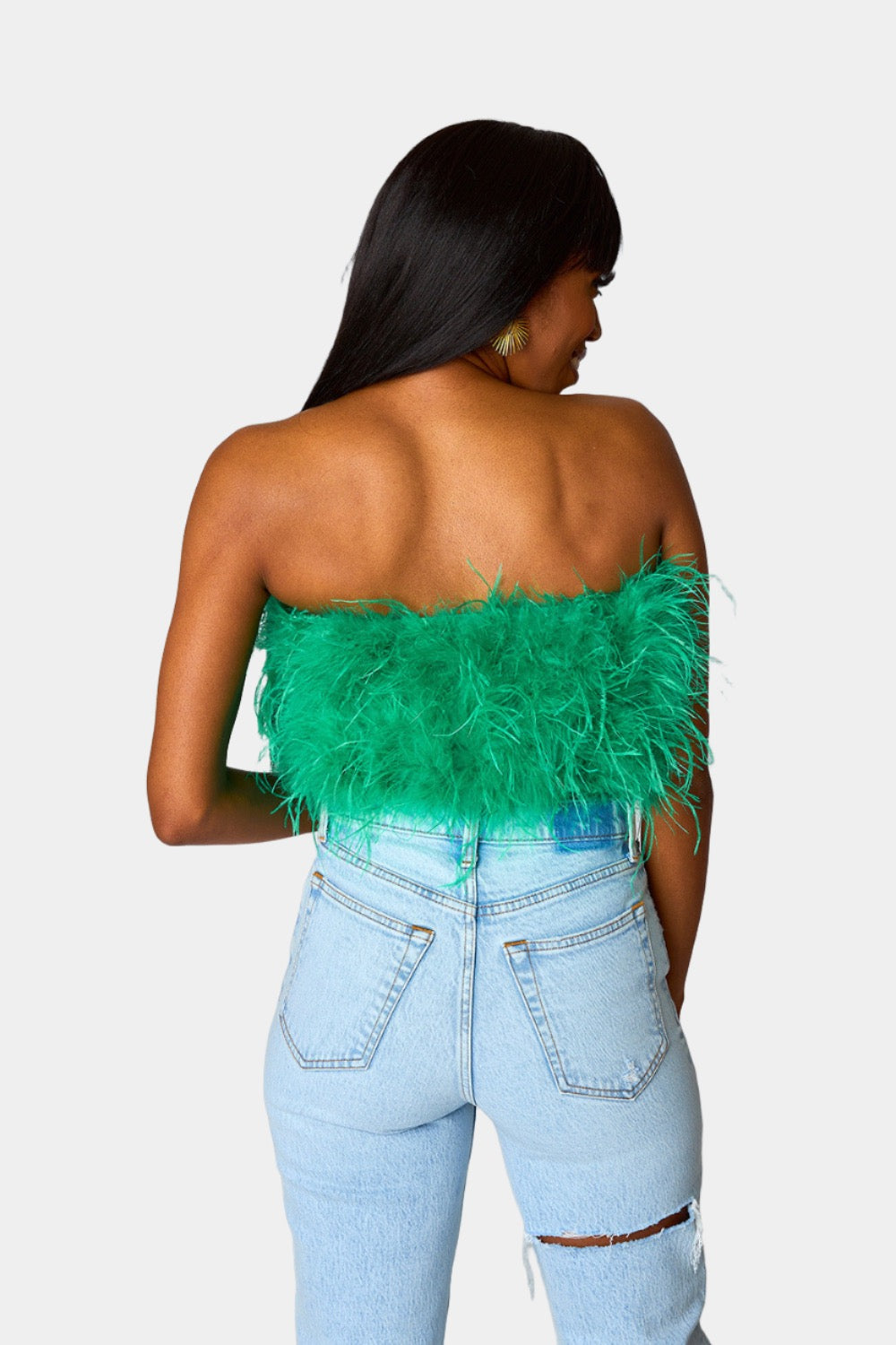 BuddyLove Fancy Strapless Feather Crop Top - Green