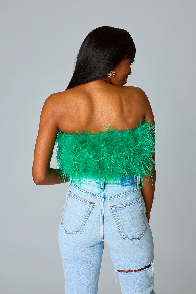 BuddyLove Fancy Strapless Feather Crop Top - Green