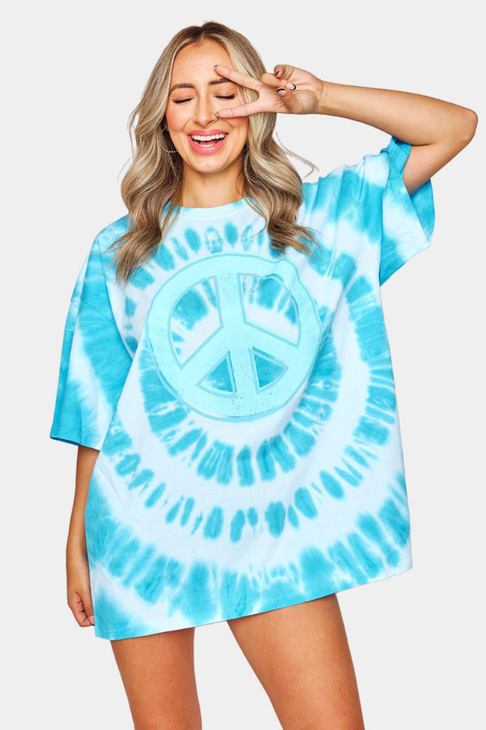 Buddylove Cloud Tie-Dye Oversized Graphic Tee - Blue Peace Sign