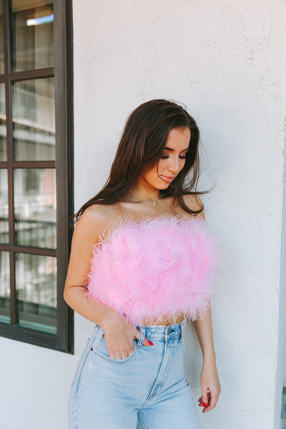 BuddyLove | Fancy Strapless Feather Crop Top | Baby Pink BuddyLove Clothing