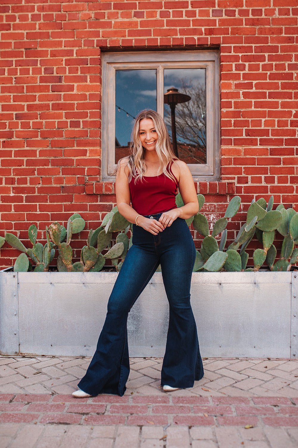 Deep Red Distressed High Rise Flare Jeans